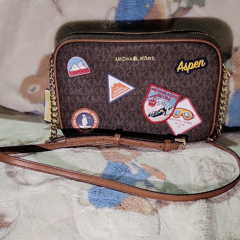 Michael Kors Brown Bag with Patches and Gold Chain